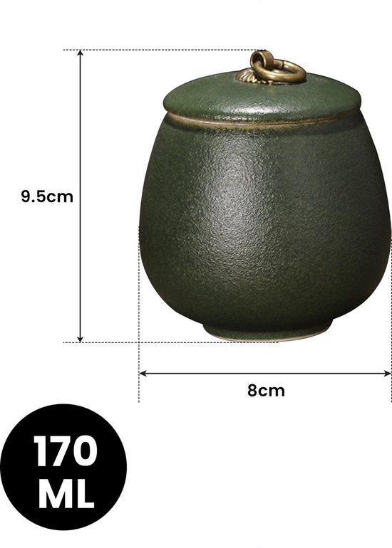 Donkergroene urn van 170 ML met gouden handvat. Afmetingen 9.5cm x 8cm.