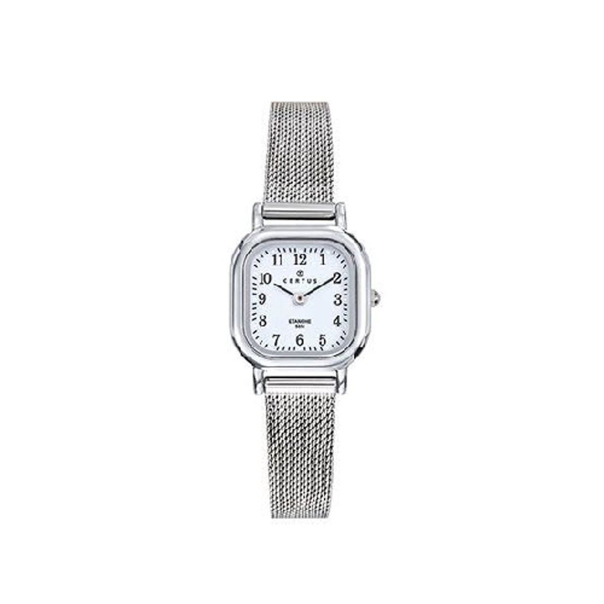 Certus-dameshorloge-model 641406-vierkant-duidelijke wijzerplaat-5 atm waterdicht-zilverkleurig-Milanese band-verstelbare band-23 x23 mm-made in France