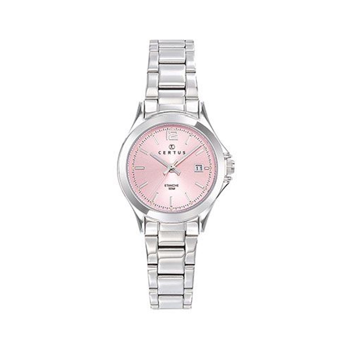 Certus-dameshorloge-model 641402-zilverkleurig-roze-datum-5 atm waterdicht-diameter 28 mm-made in France