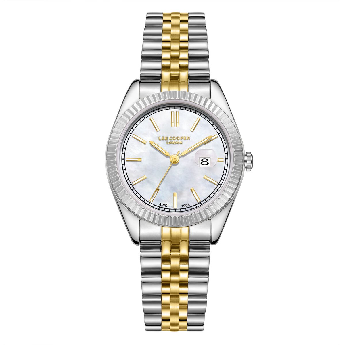 Lee Cooper LC08210.220 - Horloge - Polshorloge - Analoog - Dames - Vrouwen - Stalen band - Metaal - Rond - Strepen - Datumaanduiding - Zilverkleurig - Goudkleurig - Wit - Zwart