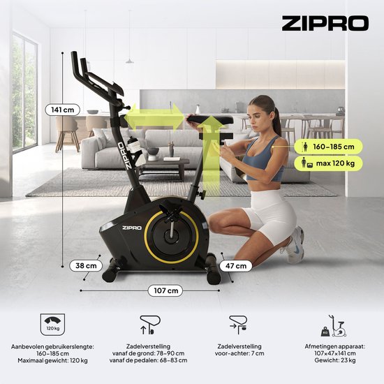 Zwarte hometrainer met gouden accenten, met afmetingen en gebruikersinformatie.