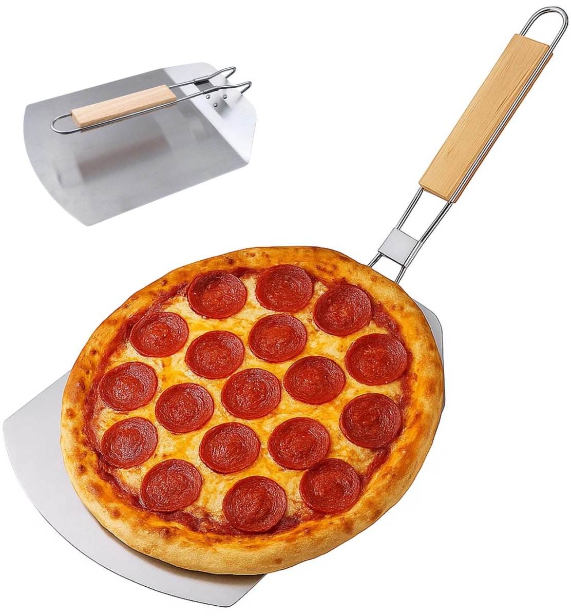 Lomera Inklapbare Pizzaschep - Roestvrij Staal - Inklapbaar Handvat - Rubberhout Handvat - Zelfgemaakte Pizza - Makkelijk Schoon Te Maken - Ruimtebesparend Ontwerp - Pizzaspaan Voor Oven