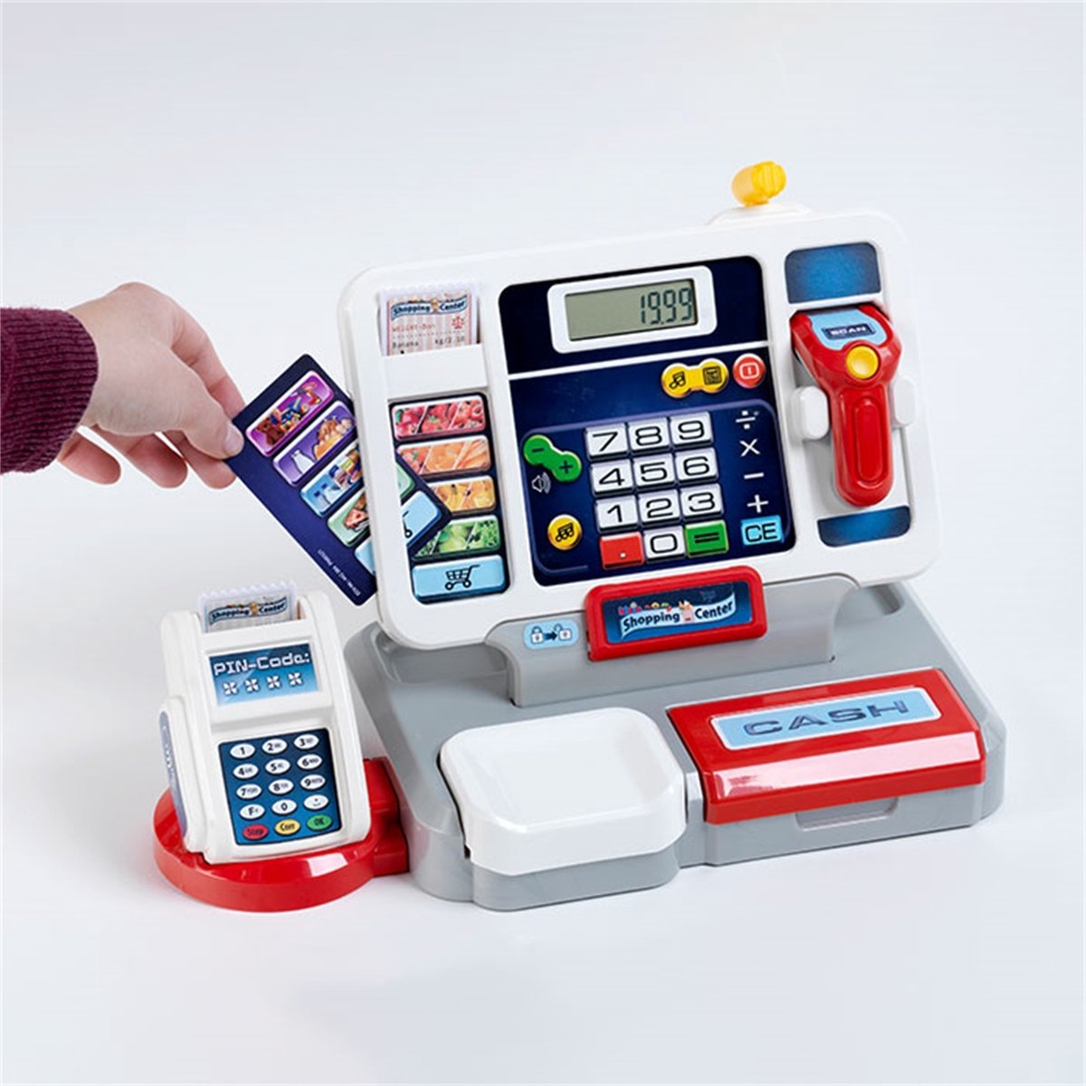Klein Toys elektronische kassa - afneembare tablet, rekenmachinefunctie, scanner, kaartlezer en een kassa vol speelgeld - 33,42x16,83x22,33 cm - incl. soundbar - grijs rood — afbeelding 2