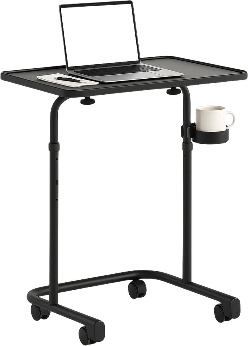 Lomera Verrijdbare Bijzettafel - Verstelbare Bijzettafel - Zwart Metalen Frame - Mdf Tafelblad - Kantelbaar Tafelblad - Zwenkwielen Met Rem - Met Bekerhouder - Compacte Bijzettafel - Moderne Bijzettafel - Multifunctionele Tafel nvt