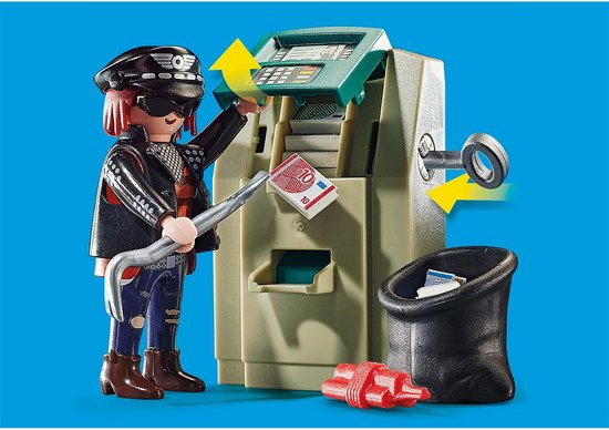 Figuur met crowbar bij geldautomaat met eurobiljetten en geldzak.