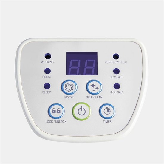 Bedieningspaneel met digitaal display en knoppen voor 'working', 'boost', 'sleep', 'self-clean', 'lock/unlock', 'timer', 'pump low flow', 'low salt', 'high salt'.