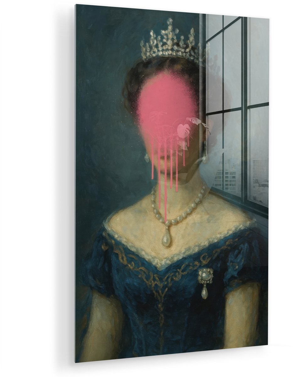 MuchoWow® Glasschilderij 120x180 cm - Schilderij acrylglas - Kroon - Roze druipend verf - Portret - Foto op glas - Muurdecoratie woonkamer - Wanddecoratie slaapkamer - Schilderijen