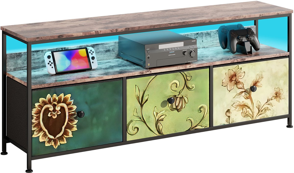 TV-meubel 108 cm – Tijgerhout Decor met 3 Gekleurde Stoffen Lades, Moderne TV-kast met Opbergruimte