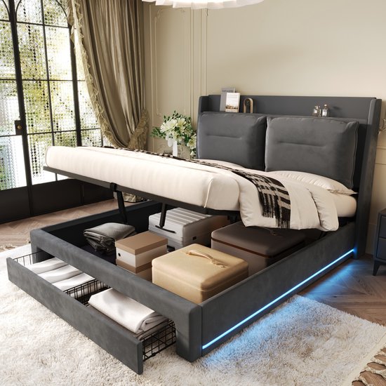 Lit rembourré 160x200cm - avec rangements et tiroirs - avec éclairage LED- sommier à lattes - sans matelas - gris foncé