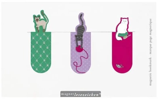 Drie magnetische boekenleggers met katten. Groene, paarse en roze met kattenmotief.