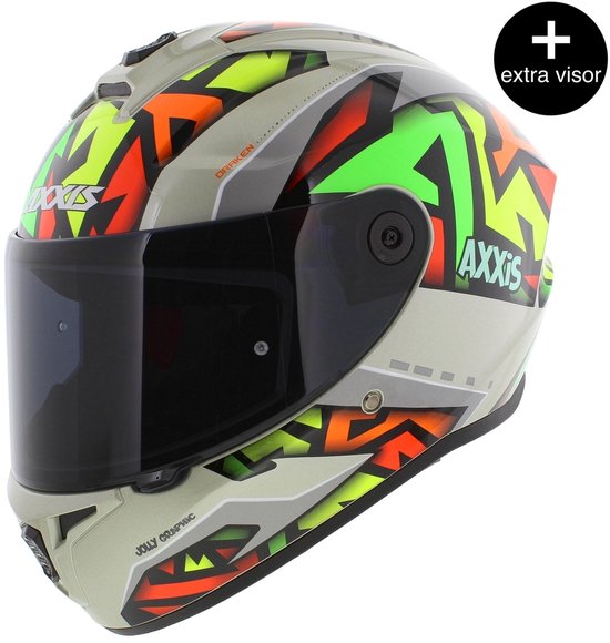 Grijze Axxis motorhelm met grafische print, donker vizier en extra vizier icoon.
