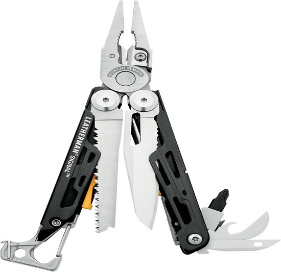 Zilverkleurige Leatherman Signal multitool met zwart handvat, opklapbare zaag, mes en tang.