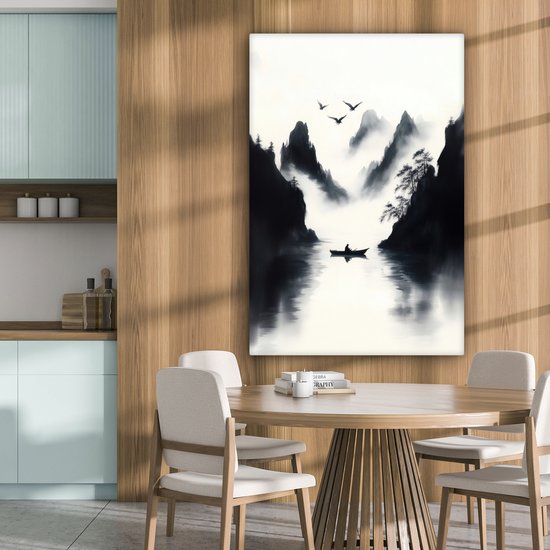 Tableau sur toile 80x120 cm - Décoration murale exclusive Bateau à rames - Brumeux - Montagnes - Vogels - Décoration murale murale salon - Décoration chambre - Accessoires chambre - Peintures sur toile