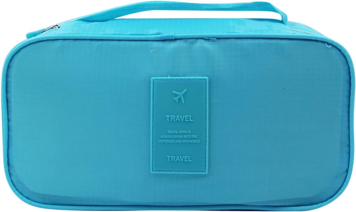 Opvouwbare Reistas Ondergoed & Sokken – Travel Lingerie Organizer met Dubbele Rits & Mesh Binnenvak – Cyaan-Lichtblauw