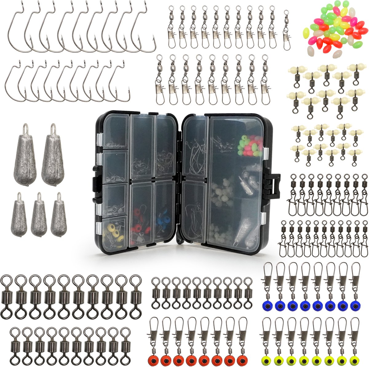 Fish-Xpro Hook&Swivel set - 177-Delig -Vishaakjes - Wartels -Visloodjes - incl. Tacklebox
