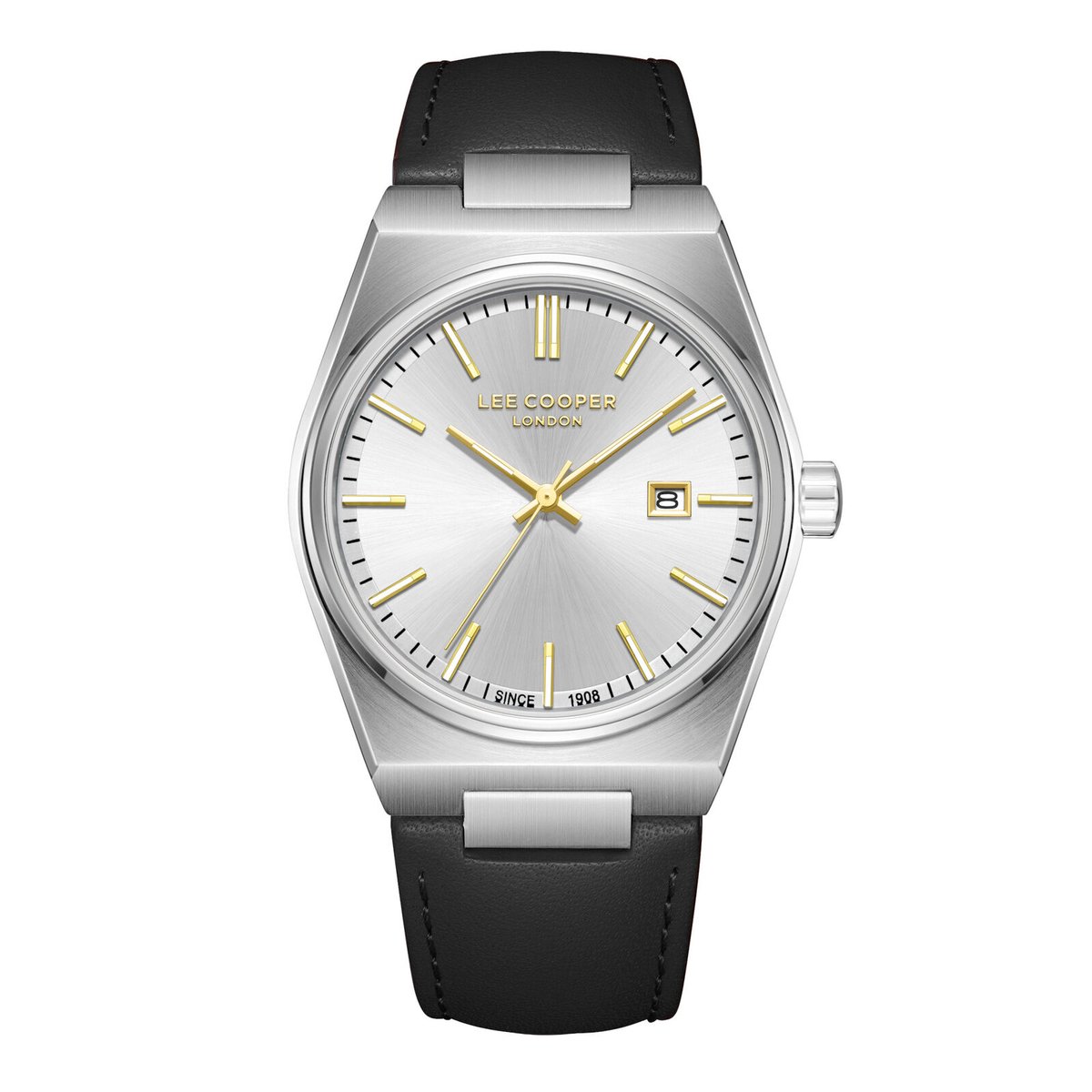 Lee Cooper LC08261.174 - Horloge - Polshorloge - Analoog - Heren - Mannen - Leren band - Metaal - Afgeronde vierkant - Rond - Strepen - Datumaanduiding - Zwart - Zilverkleurig - Goudkleurig - Wit