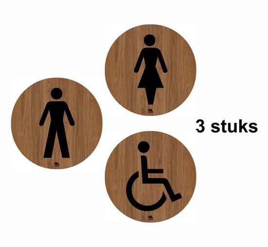 Panneaux de Toilettes homme/femme/handicapé ø 10 cm / Aspect bois / Autocollants bois