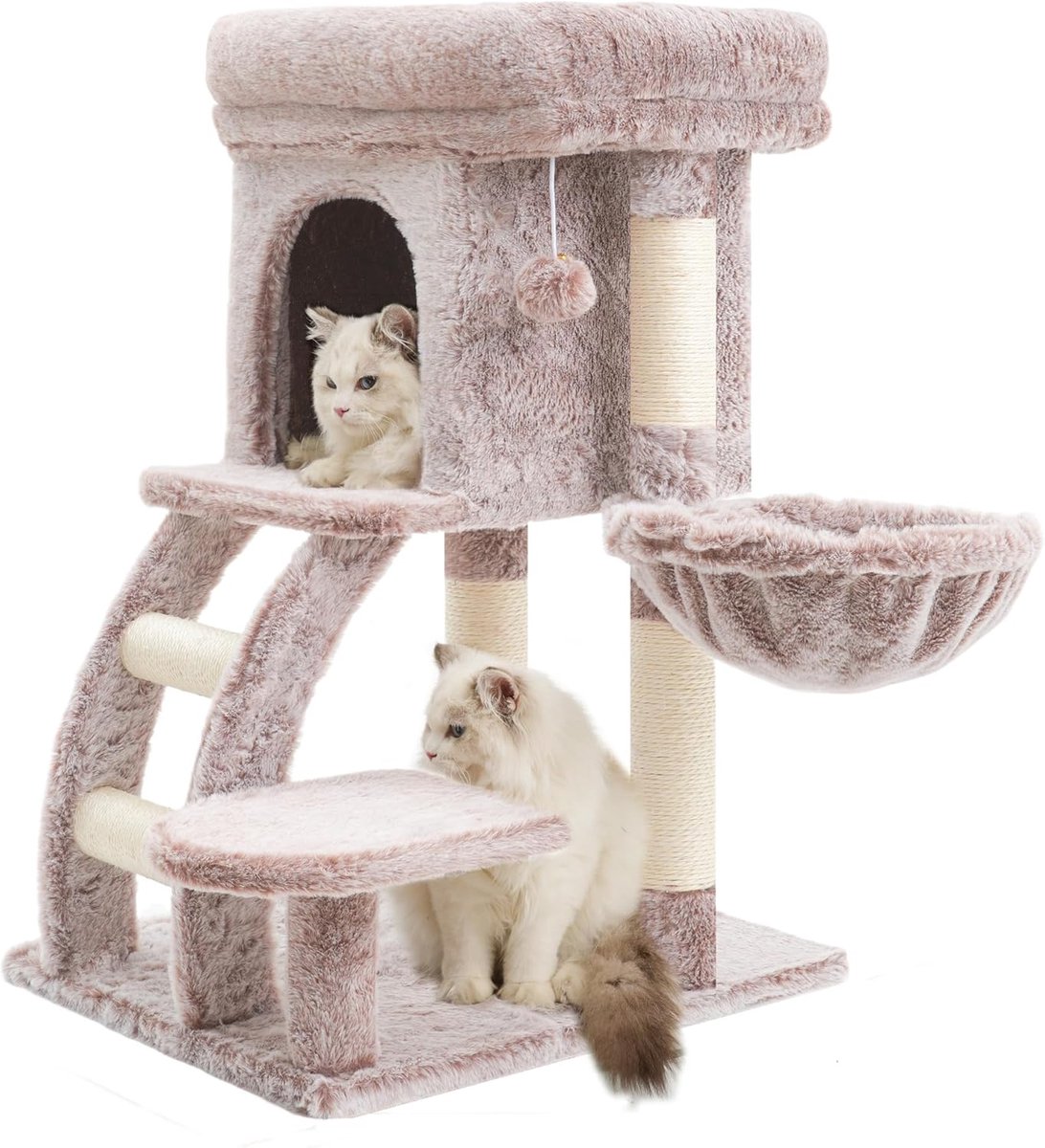 kattenboom_ met bovenste platform, hol, hangmat, klimladder, kattenspeelgoed_bruin-beige