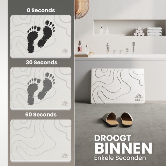 LifeLux Diatomiet Badmat Antislip Douchemat voor Badkamer 60x40 cm – Sneldrogend & Antibacterieel – Wit - Ecologische badmat 2026