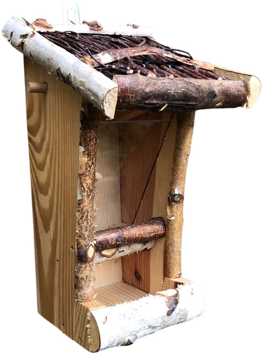 Dutchlander - Vogelvoedersilo – Muurbevestiging – Berkenhout met Wilgen Dak – Plexiglas Venster – 15x19x30 cm