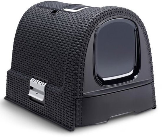 Zwarte kattenbak met een rotan-look, gesloten met een ronde deuropening en een handvat bovenop.