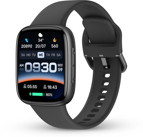 Montre connectée noire avec écran AMOLED carré, affichant le cadran réglé sur 09:30, avec date et symboles météorologiques.