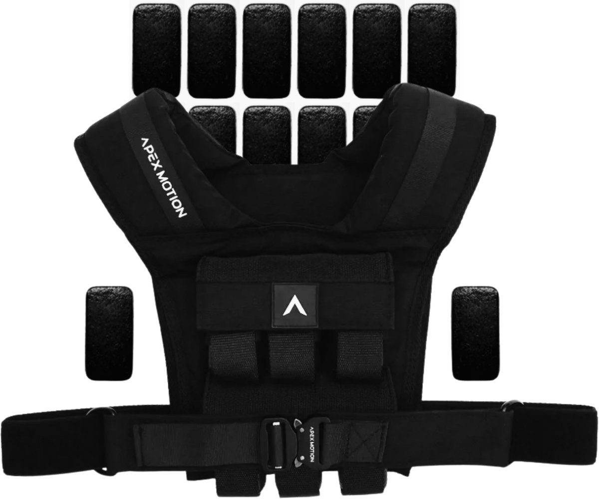 APEX MOTION Gewichtsvest 12KG – Weight Vest – Verstelbaar Gewicht – One Size Fits All – Metalen Gesp – Fitness – Calisthenics – CrossFit – Full Black