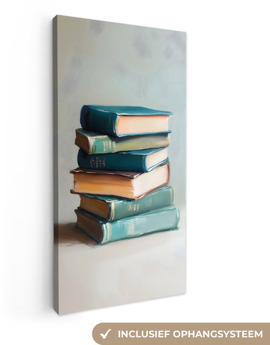 Canvas schilderij 80x160 cm - Exclusieve wanddecoratie Stapel - Boeken - Groen - Daglicht - Muurdecoratie woonkamer - Slaapkamer decoratie - Kamer accessoires - Schilderijen op canvas