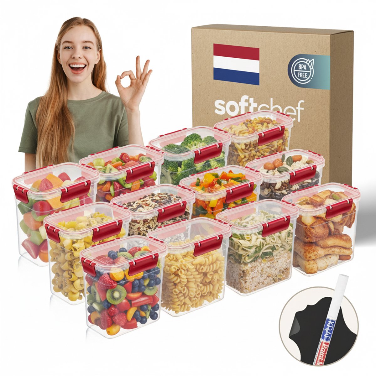 Soft Chef Clara Deep Box – 12-delige Voedselbewaarset (12×2200 ml) – Transparant met rode klikdeksels & silicone ring – BPA-vrij – Luchtdicht & Stapelbaar – Inclusief Labels & Stift