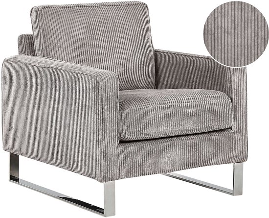Grijze corduroy fauteuil met close-up van stoftextuur en verchroomde metalen poten.