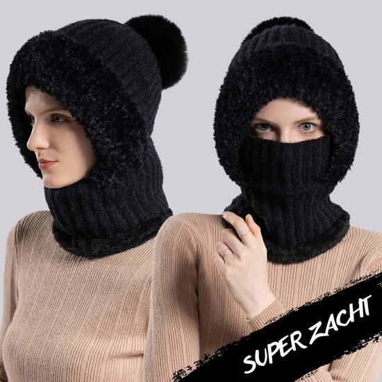 TAGVO Warme gebreide muts en halswarmer in een set, flexibele gebreide muts met pom pom, zacht, dik fleece gevoerd, verstelbaar gezichtsmasker voor vrouwen voor outdoorsporten, wintercadeau, zwart