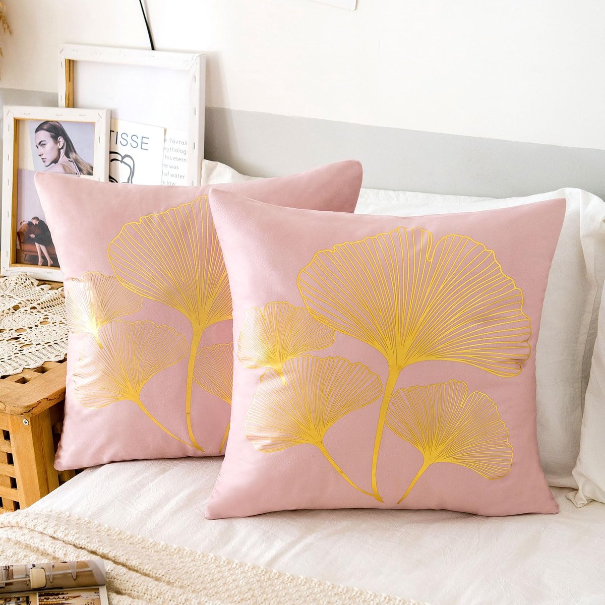 Azomor® Set van 2 roze fluwelen sierkussenhoezen met Ginkgo bladeren design