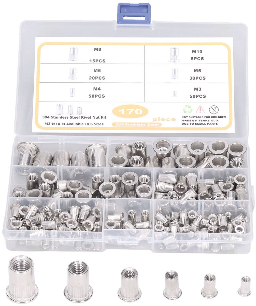 170 Pieces Rivet Nuts Assortment, M3, M4, M5, M6, M7, M8, Stainless Steel Rivet Nut, Flat Head Rivet Nuts