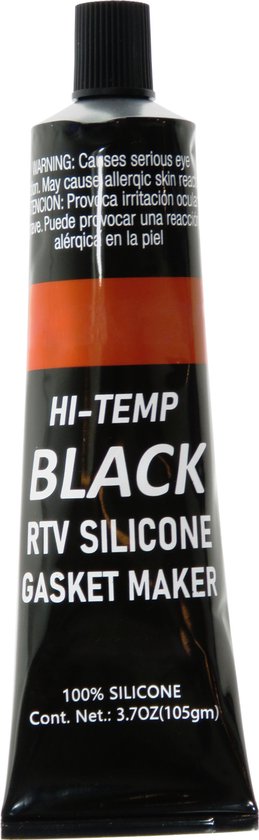 Zwarte tube met oranje band, "HI-TEMP BLACK RTV SILICONE GASKET MAKER" opdruk.