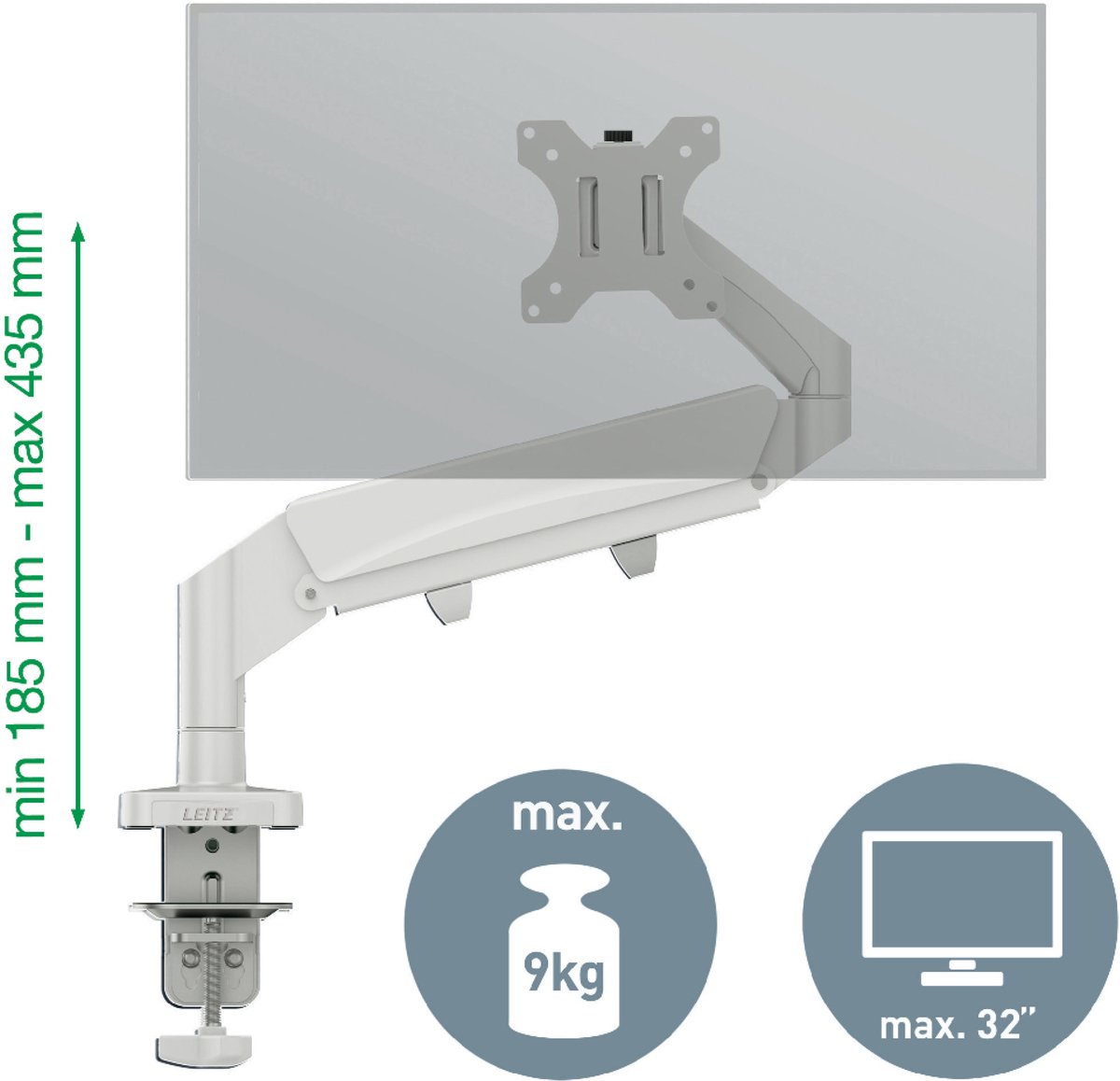 Leitz Ergo Ruimtebesparende Enkele Monitor arm - Tot 9kg - Monitor Beugel 17-32 inch thumbnail 6