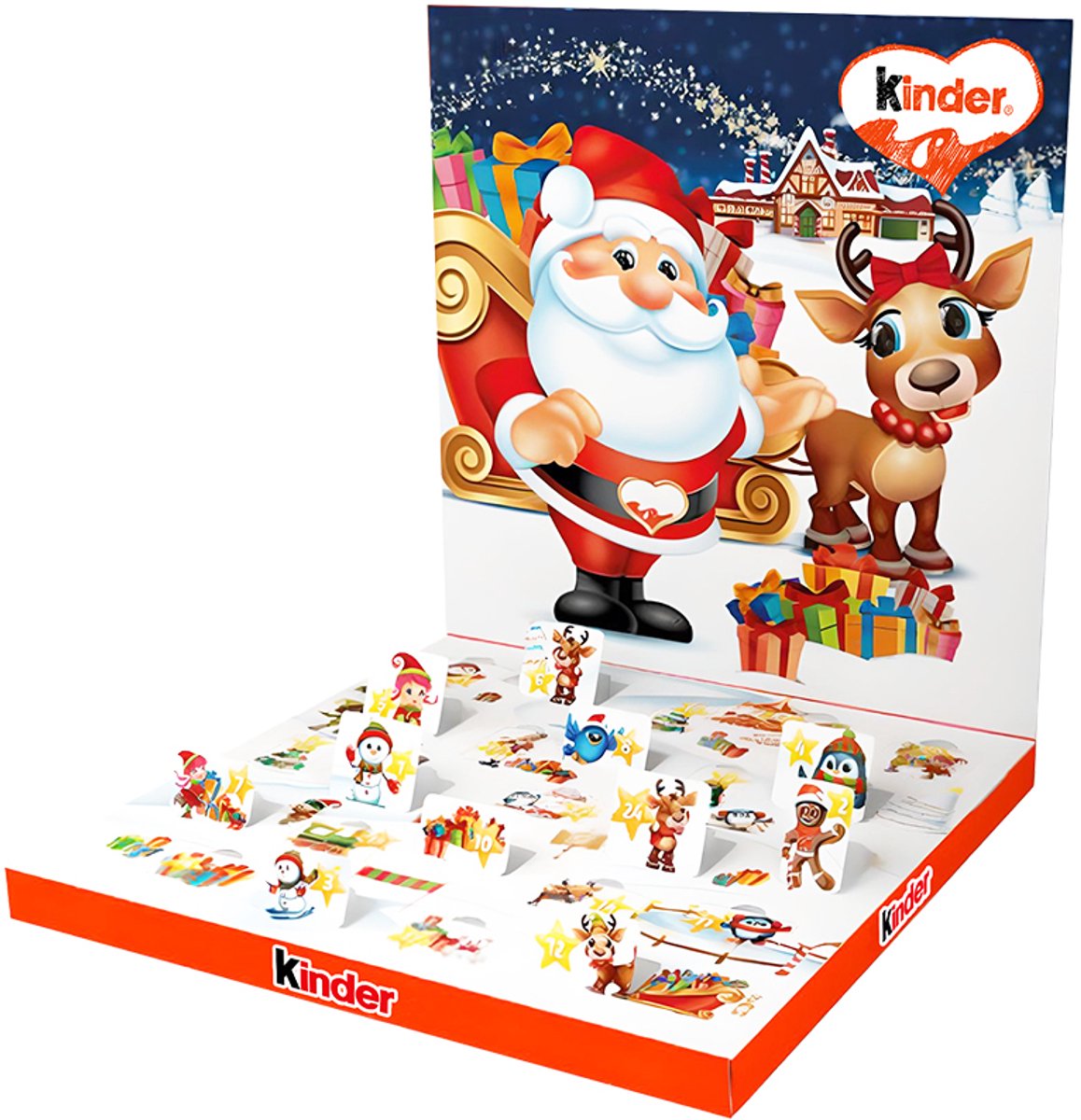 Kinder 3D Pop-up Adventskalender - Kerstman / Santa & Rendier design met Mix van Kinder Chocolade & Kerstverhalen - 123g