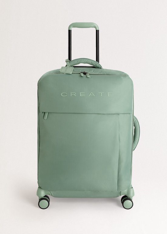 Sagekleurige zachte koffer met "CREATE" logo, handvat en wielen.