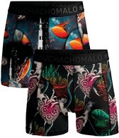 Donkere boxershorts met ruimte- en steampunk-prints. Elastische tailleband met logo.