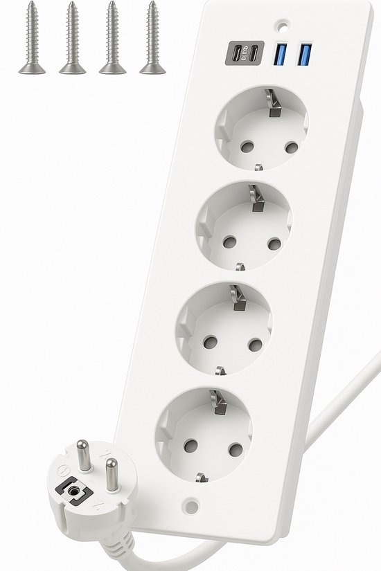 StayPowered Inbouw Stekkerdoos - Slim en Ruimtebesparend - 4 Stopcontacten - 2 USB-A - 2 USB-C - 2m Kabel - Eenvoudige Installatie - Verzonken Design - Geschikt voor Kantoor en Thuis - Wit - Levering Sneller dan Aangegeven!