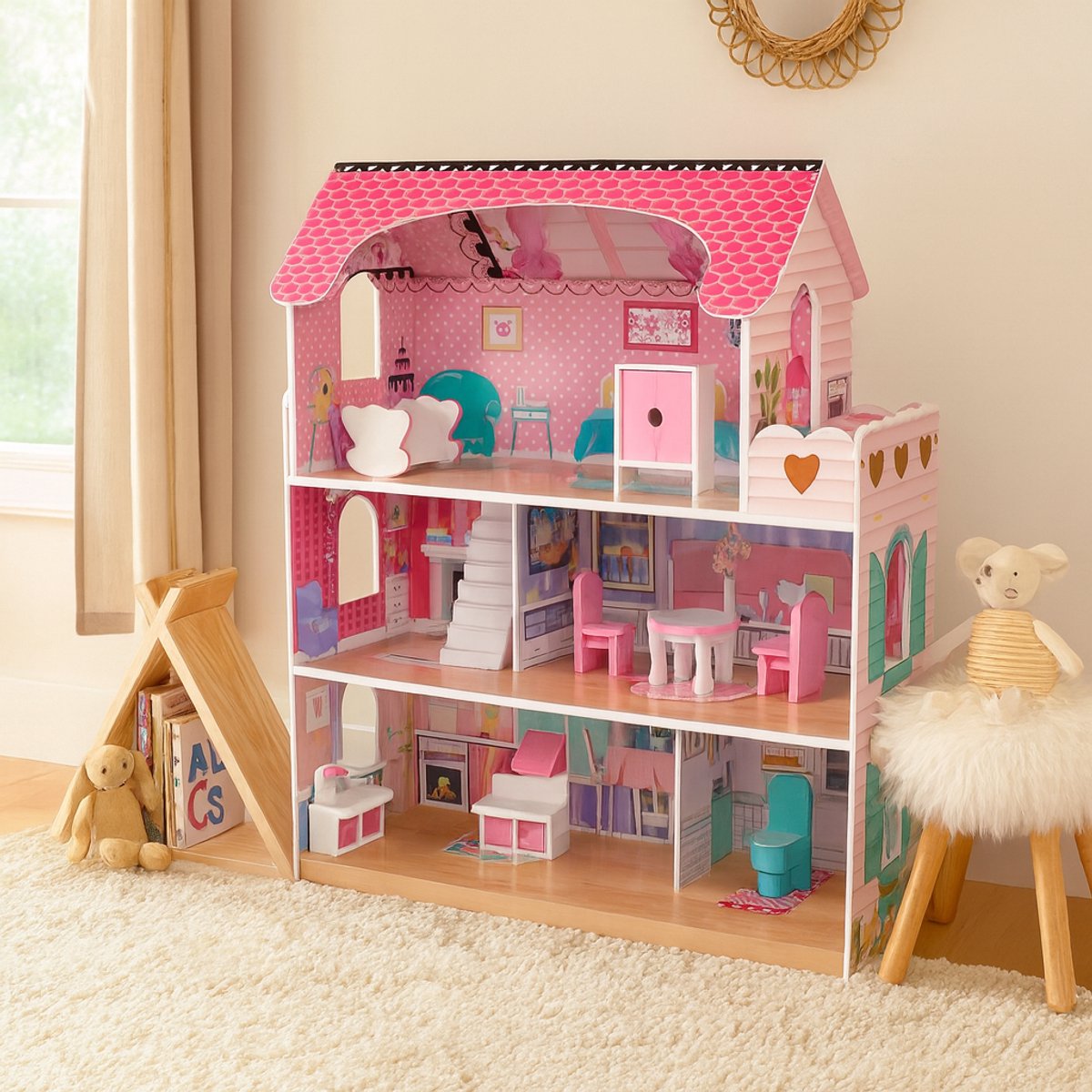 Houten Poppenhuis met Meubels - Dollhouse van Hout - Kinderspeelgoed voor Jongens en Meisjes - 79 Onderdelen en Accessoires - 70 cm - Roze