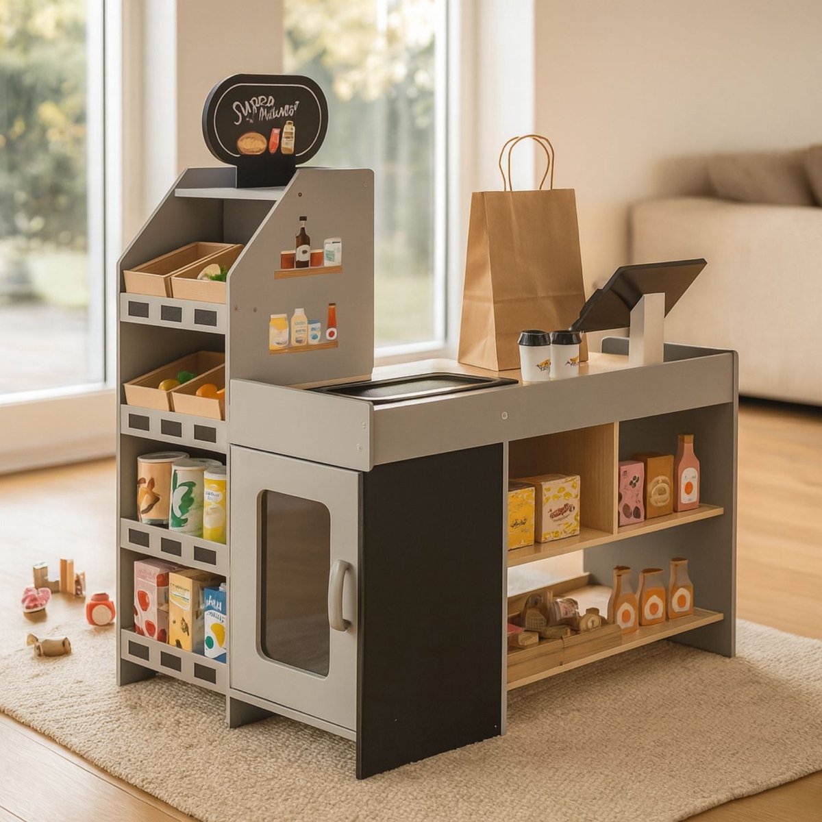 Maxx Kidz Houten Speelgoed Winkeltje – Supermarkt met 56 Accessoires – Inclusief Kassa, Groente, Fruit & Meer – Inclusief hoek – Houten Winkel vanaf 3 Jaar