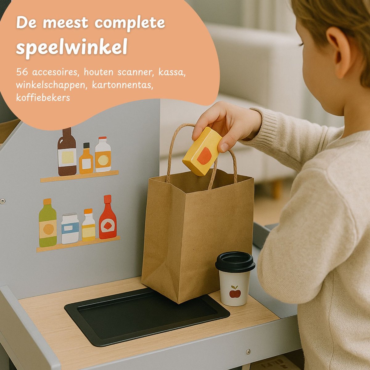 Maxx Kidz Houten Speelgoed Winkeltje – Supermarkt met 56 Accessoires – Inclusief Kassa, Groente, Fruit & Meer – Inclusief hoek – Houten Winkel vanaf 3 Jaar — afbeelding 5