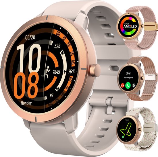 Synyq Evo Pro - GPS Smartwatch - 4 Bandjes - 42mm - AMOLED - 5ATM Waterdicht - Stappenteller - Hartslagmeter - Slaapmonitor - Multisport - Belfunctie - Bluetooth Smartwatch voor Dames en Heren - iOS & Android - Rosé Goud