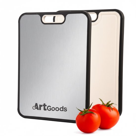 Art Goods Premium 99,44% Titanium Snijplank Dubbelzijdig – PFAS-vrij – Cutting Board – Vermijd Microplastics – Extra Hygiëne – Met Raspfunctie en Sapgeul – Antislip –