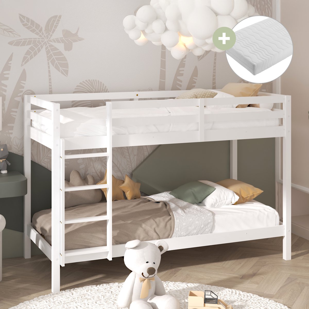 Sunny Jip Stapelbed – Met 2 Slaapplekken – Met Uitvalbeveiliging en rechte ladder - 208 x 97 x 140 cm – Peuterbed Meisjes en Jongens – FSC 100% Hout – Met Lattenbodems – Kinderstapelbed - Inclusief Matrassen – Wit