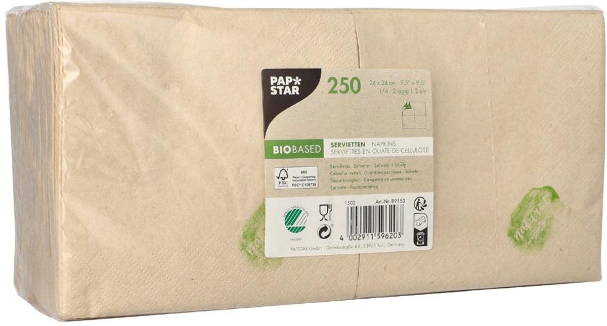 250 Servetten, 2-laags 1/4 vouw 24 cm x 24 cm natuur ongebleekt