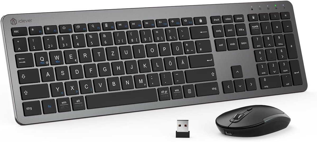 Draadloos Toetsenbord met Muis - Oplaadbaar, Ultradun en Stil voor PC/Laptop, QWERTZ-lay-out, Ergonomisch Design