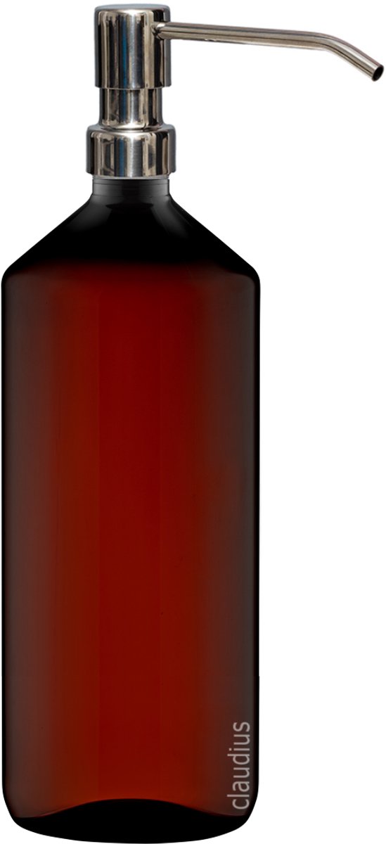 Lege Plastic Fles 1 liter amber apothekers - met luxe RVS zilverkleurige pomp - set van 5 stuks