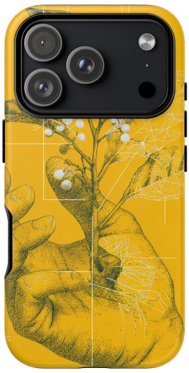 Hand Met Botanische Tak op Geel – Telefoonhoesje Geschikt voor iPhone 17 Pro