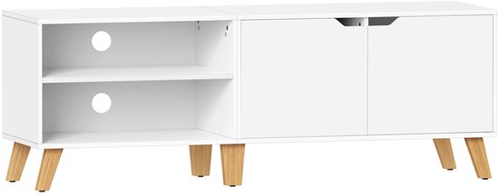 Meuble de rangement pour téléviseur jusqu'à 65 pouces, avec étagères réglables, 2 portes et 2 compartiments ouverts, cadre en bois robuste et durable, adapté au salon, à la salle à manger et à la chambre, 40 x 140 x 50 cm, blanc